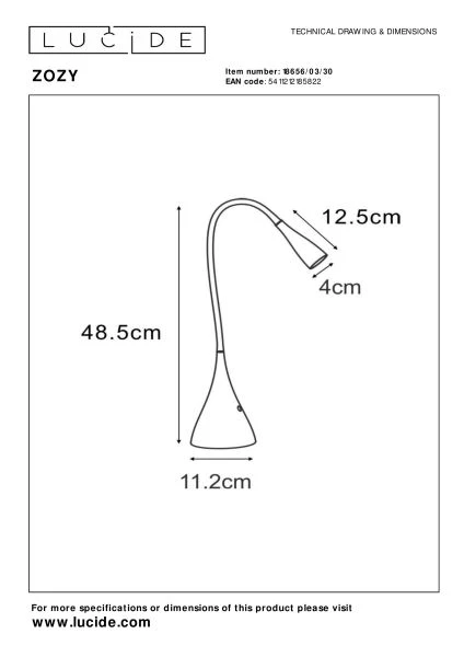 Lucide ZOZY - Lampe de bureau - LED Dim. - 1x4W 3000K - 3 StepDim - Noir - TECHNISCH